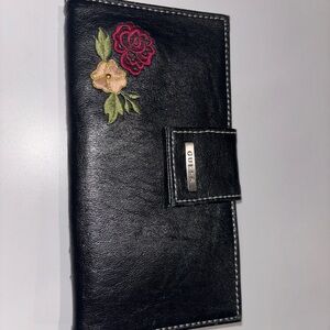 Vintage GUESS Black Leather Wallet with Pink Rose Embroidery NOS NWT